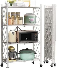 Metal Storage Shelves with Wheels Foldable Garage Shelving No Assembly Shelving Unit Collapsible Shelves for Kitchen Bathroom (Color: White)